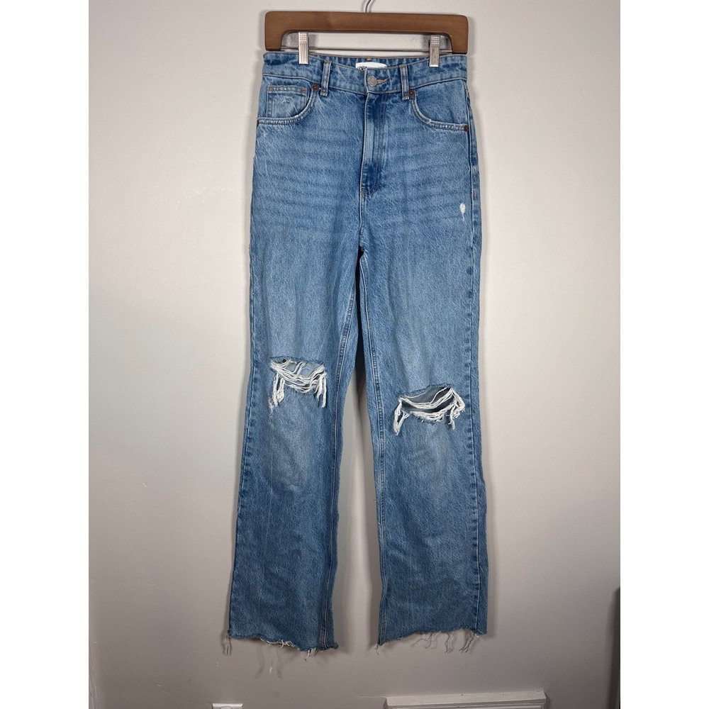 Zara Straight Leg Jeans Women Size 4 Blue Distressed Grunge Raw Hem High Rise